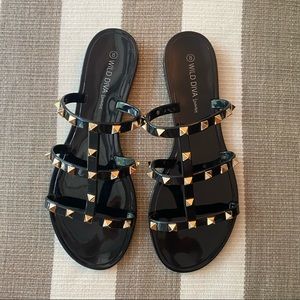 Wild Diva Lounge Black Sandals Gold Studs Size 8